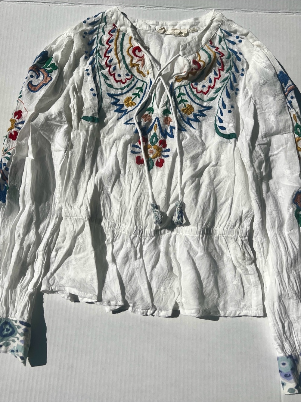 Free People Cotton Linen White Embroidered Peplum Long-Sleeve Top XS